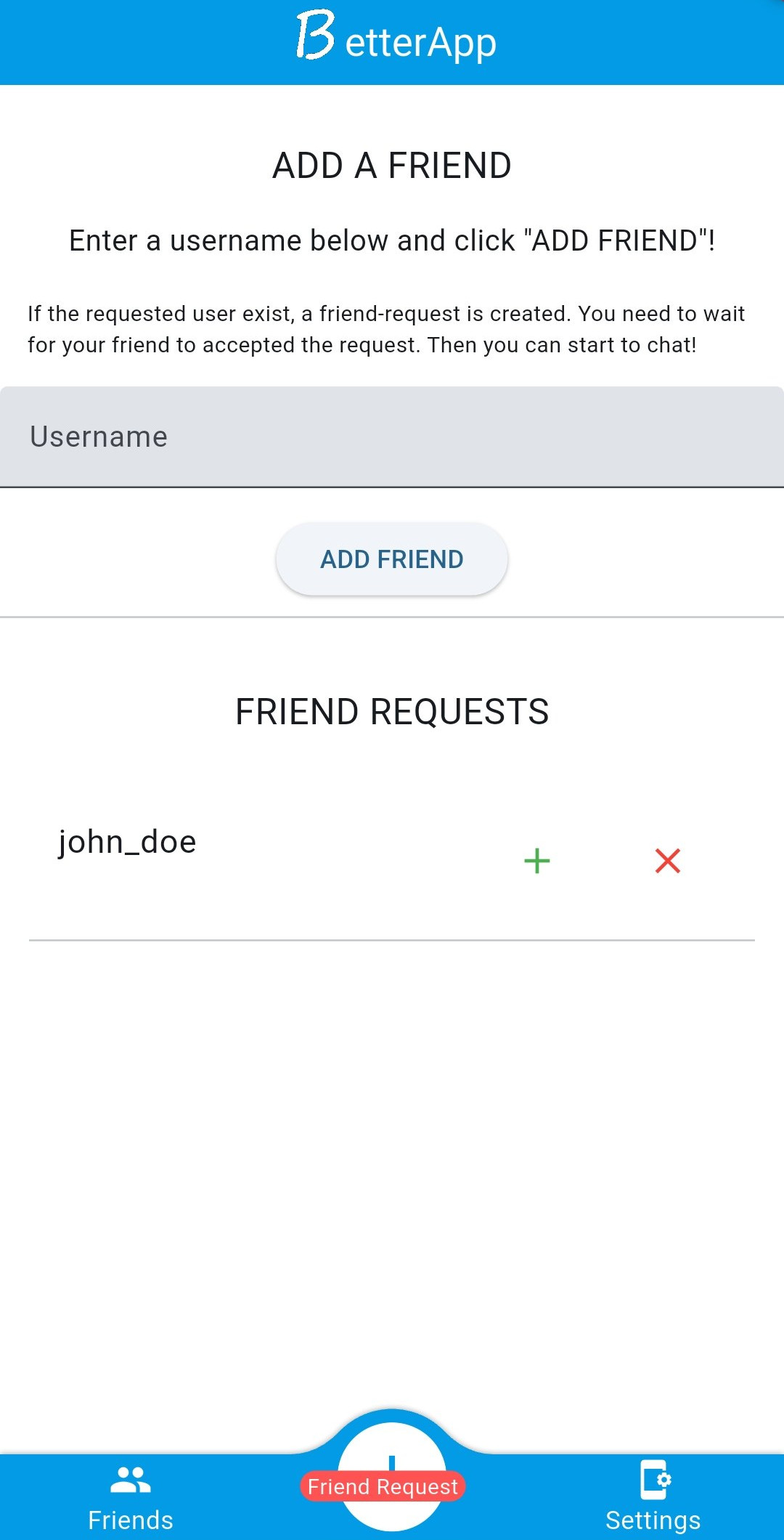 BetterApp add friend screen